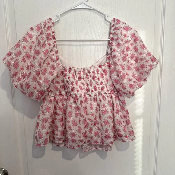 Altar'd State Pink Floral Puff Sleeve Blouse - Picture 2 of 3